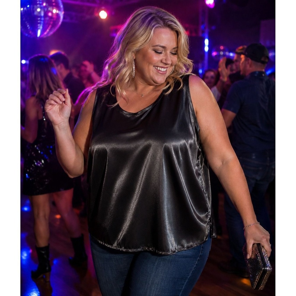 Notations Woman Black Satin Sleeveless Shell Top Plus Size 3X Scoop Neck blouse
